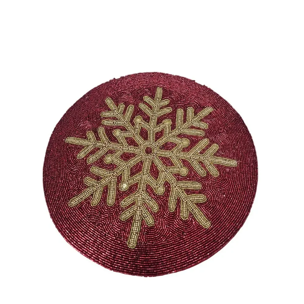 2 Nicole Miller Home Red Snowflake Beaded Round Chargers Placemats Christmas